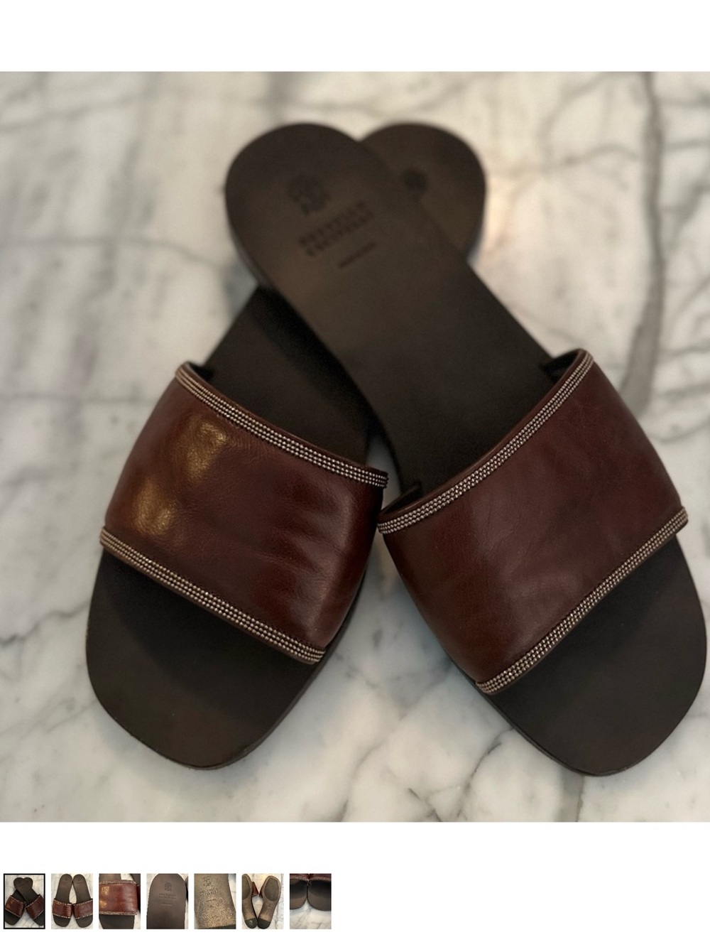 BRUNELLO CUCINELLI BLACK LEATHER SLIDE SANDALS WITH MONILI 39